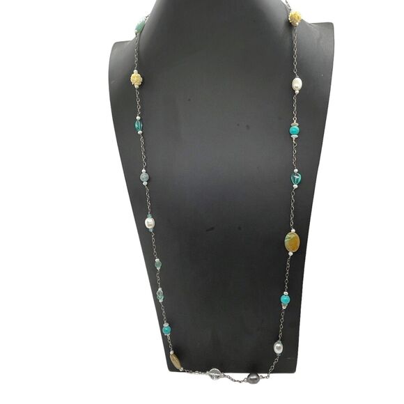 Shube Dakota West Sterling Multi Gemstone Native Necklace Station 925 Retro VTG - Picture 2 of 16